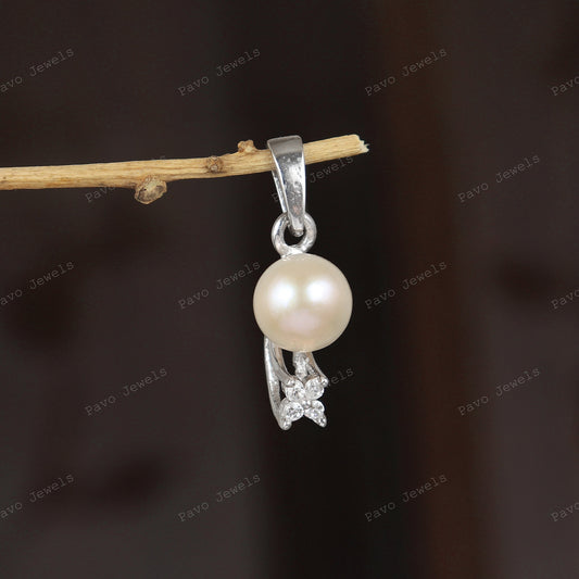 Peach Pearl Pendant, 925 Sterling Silver, Round Gemstone