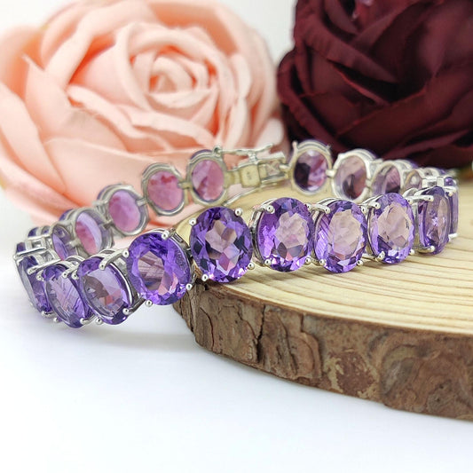 Amethyst Tennis Bracelet-925 Sterling Silver Jewelry-11x9mm Oval Bracelet-February Birthstone Jewelry-Purple Amethyst Jewelry-Gift for her