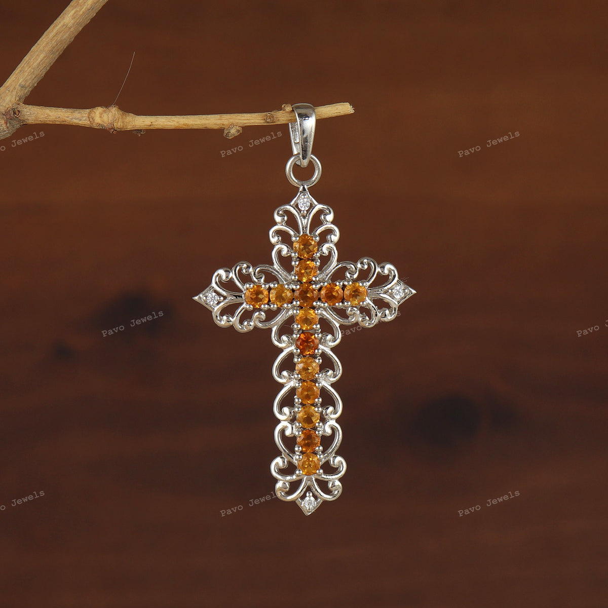 Citrine Cross Pendant: 925 Sterling Silver, Round Gemstone