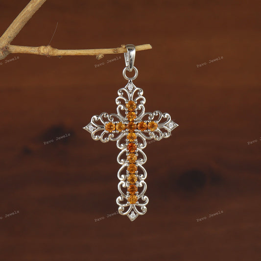 Citrine Cross Pendant: 925 Sterling Silver, Round Gemstone