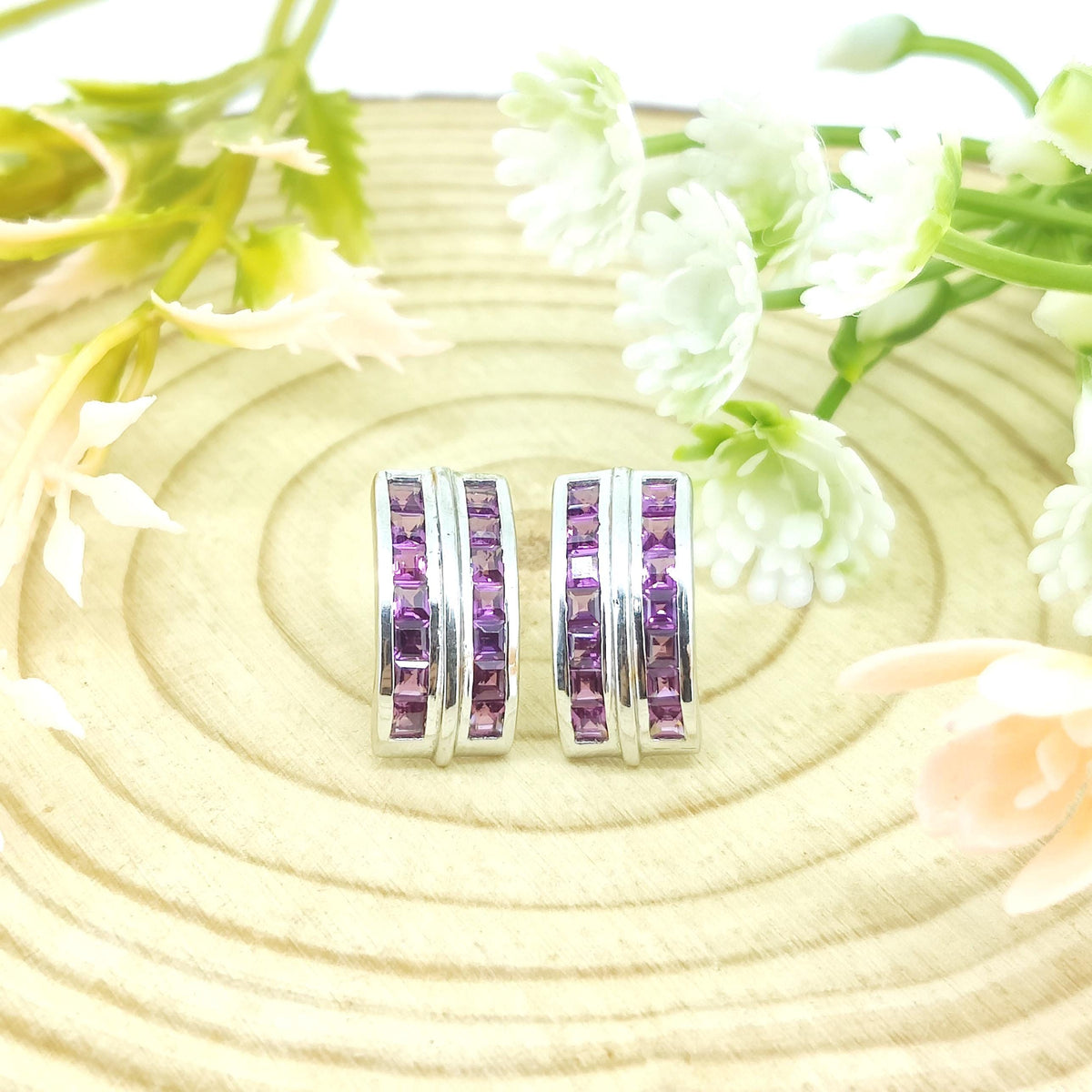 Natural Rhodolite Garnet Stud Earring-Square Cut Pink Gemstone-925 Sterling Silver Jewelry-January Birthstone Earrings-Rhodolite Jewelry
