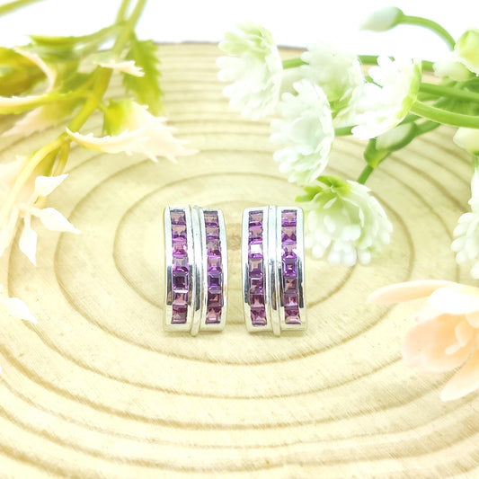Natural Rhodolite Garnet Stud Earring-Square Cut Pink Gemstone-925 Sterling Silver Jewelry-January Birthstone Earrings-Rhodolite Jewelry