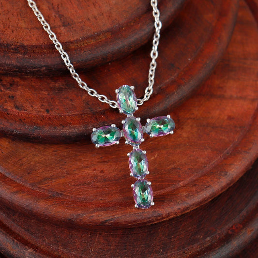 Mystic Topaz Cross Pendant 925 Sterling Silver November Birthstone Jewelry Holy Cross