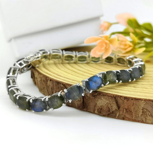 Blue Labradorite Tennis Bracelet: Oval Gemstone, Sterling Silver