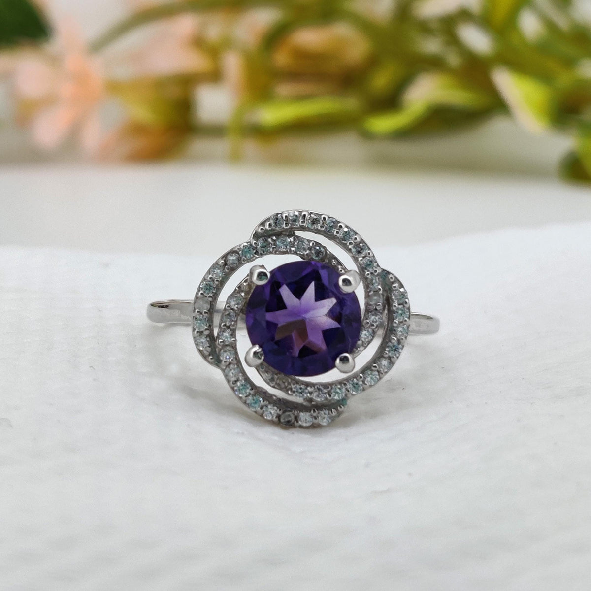 Amethyst Sterling Silver Ring: Handmade Purple Gemstone Round Ring
