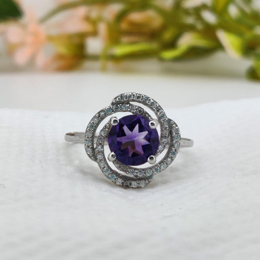 Amethyst Sterling Silver Ring: Handmade Purple Gemstone Round Ring