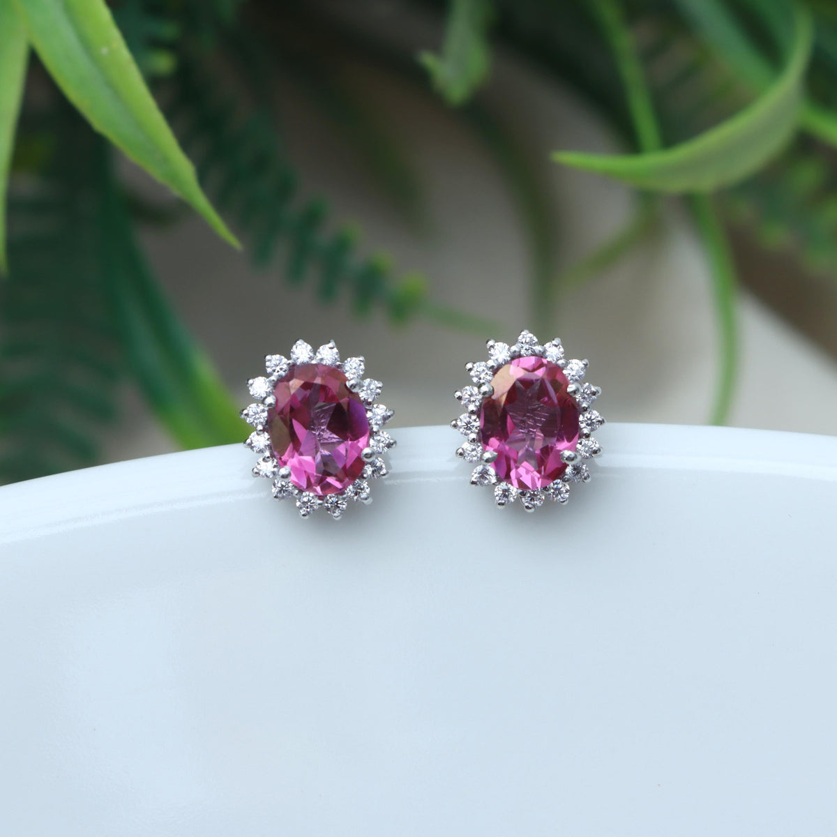 Pink Topaz Sterling Silver Studs: Oval Gemstone CZ Halo Earrings