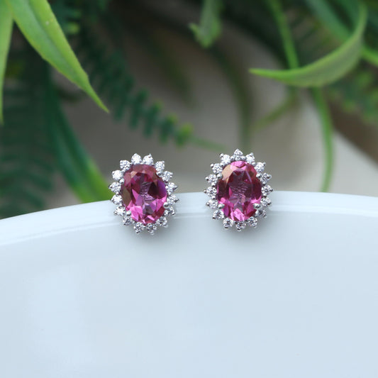 Pink Topaz Sterling Silver Studs: Oval Gemstone CZ Halo Earrings