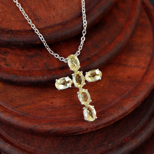 Lemon Topaz Cross Pendant, Sterling Silver Holy Cross Necklace Christmas