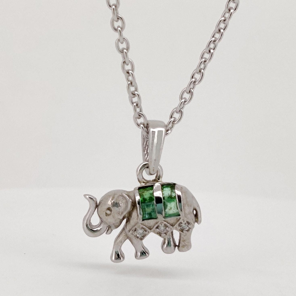 Emerald Elephant Pendant, Handmade Sterling Silver, Green Emerald Jewelry, May Birthstone, Anniversary Gift