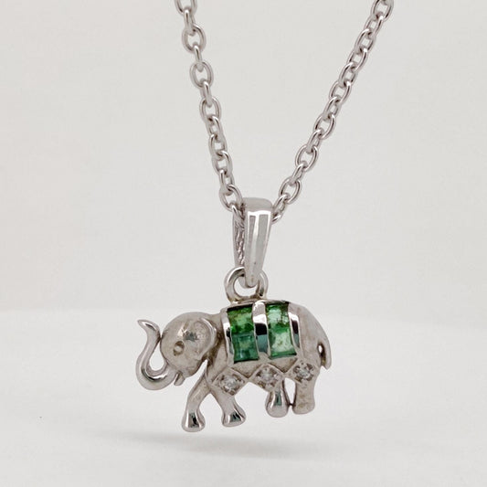 Emerald Elephant Pendant, Handmade Sterling Silver, Green Emerald Jewelry, May Birthstone, Anniversary Gift