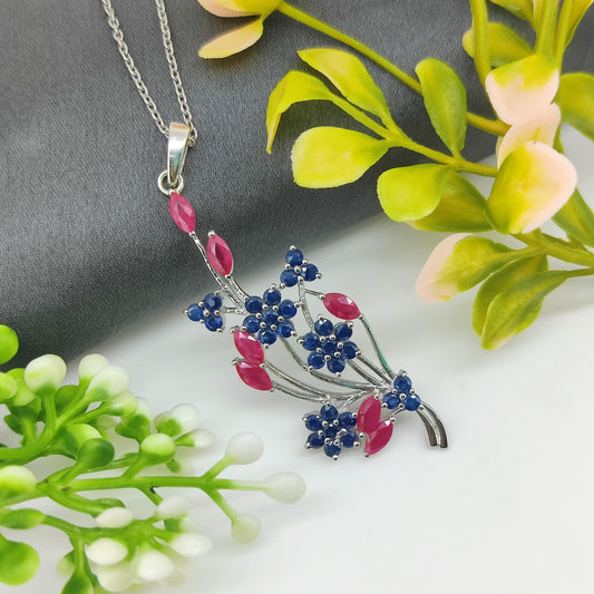 Ruby Sapphire Flower Pendant: Sterling Silver July Birthstone Jewelry
