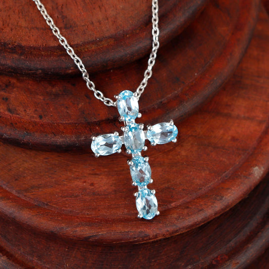 Swiss Blue Topaz Cross Pendant, 925 Silver Holy Cross Necklace Christmas