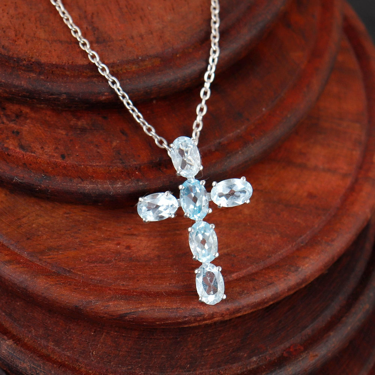 Blue Topaz Cross Pendant, 925 Silver Holy Cross Necklace Christmas jewelry