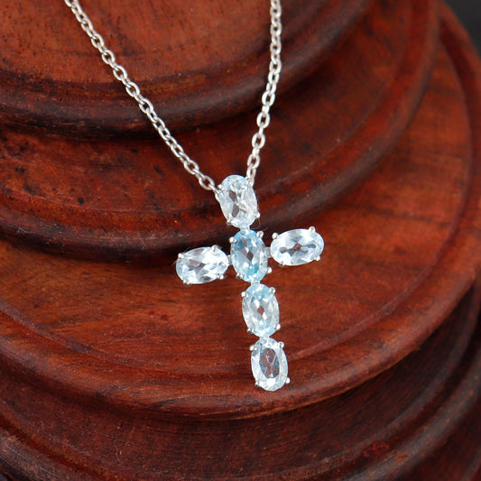 Blue Topaz Cross Pendant, 925 Silver Holy Cross Necklace Christmas jewelry