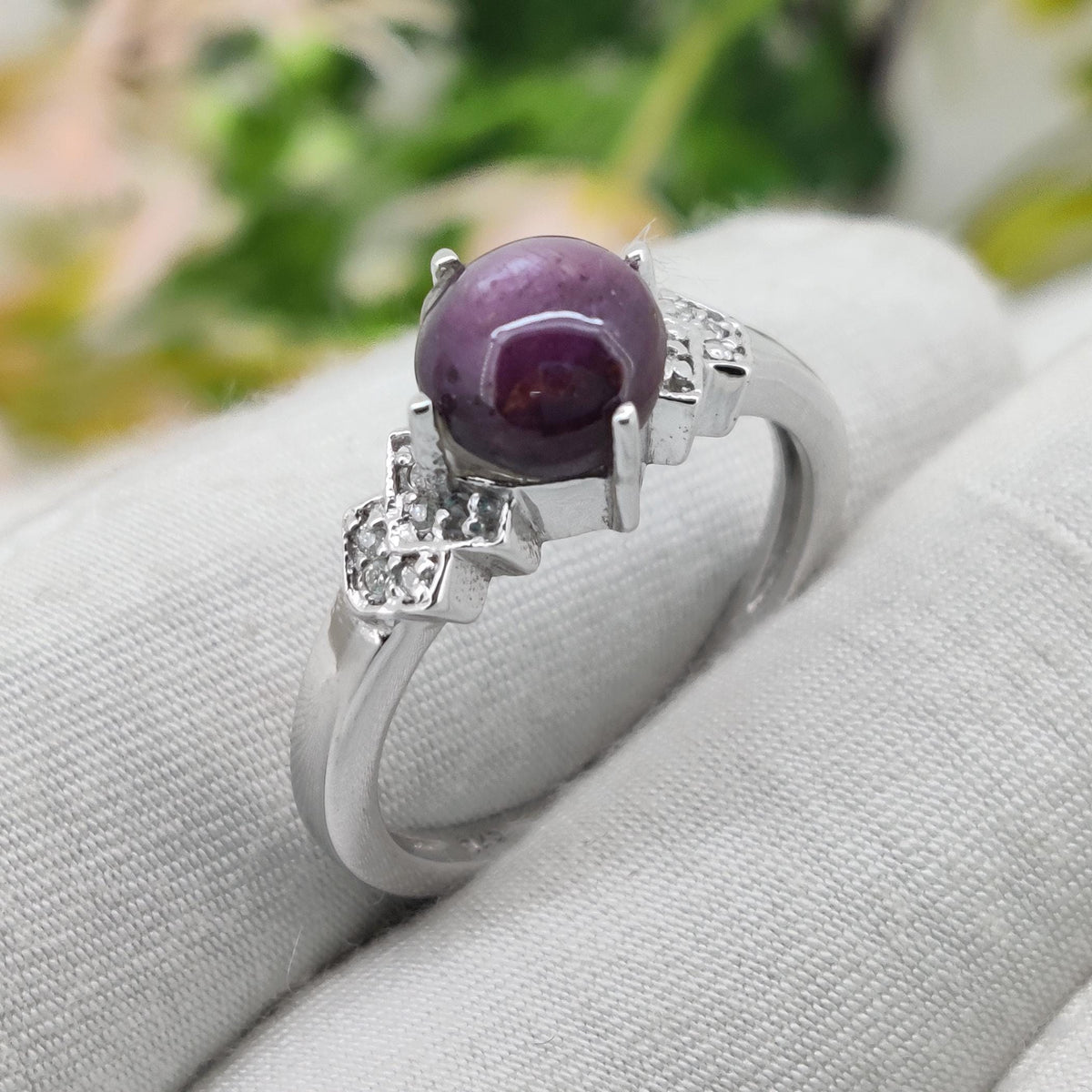Star Ruby Ring, Sterling Silver, Minimalist Natural Gemstone Band, Dainty Cabs Jewelry, Birthday Gift
