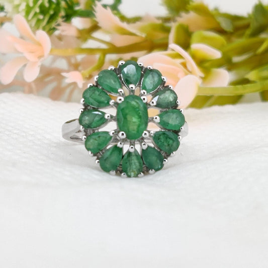 Natural Emerald Ring, 925 Sterling Silver, Handmade Green Oval Gemstone, Flower Emerald  Jewelry Gifts