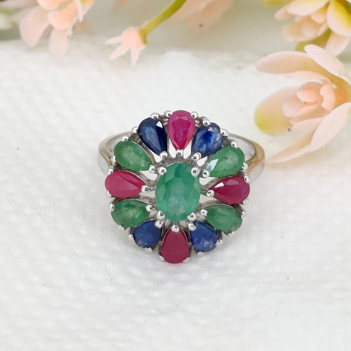 Natural Ruby Emerald Sapphire Ring, 925 Sterling Silver, Multi Stone Jewelry, Handmade Gemstone Birthday
