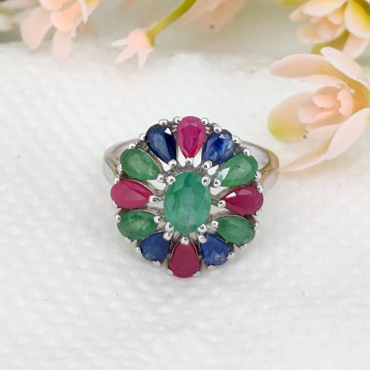 Natural Ruby Emerald Sapphire Ring, 925 Sterling Silver, Multi Stone Jewelry, Handmade Gemstone Birthday
