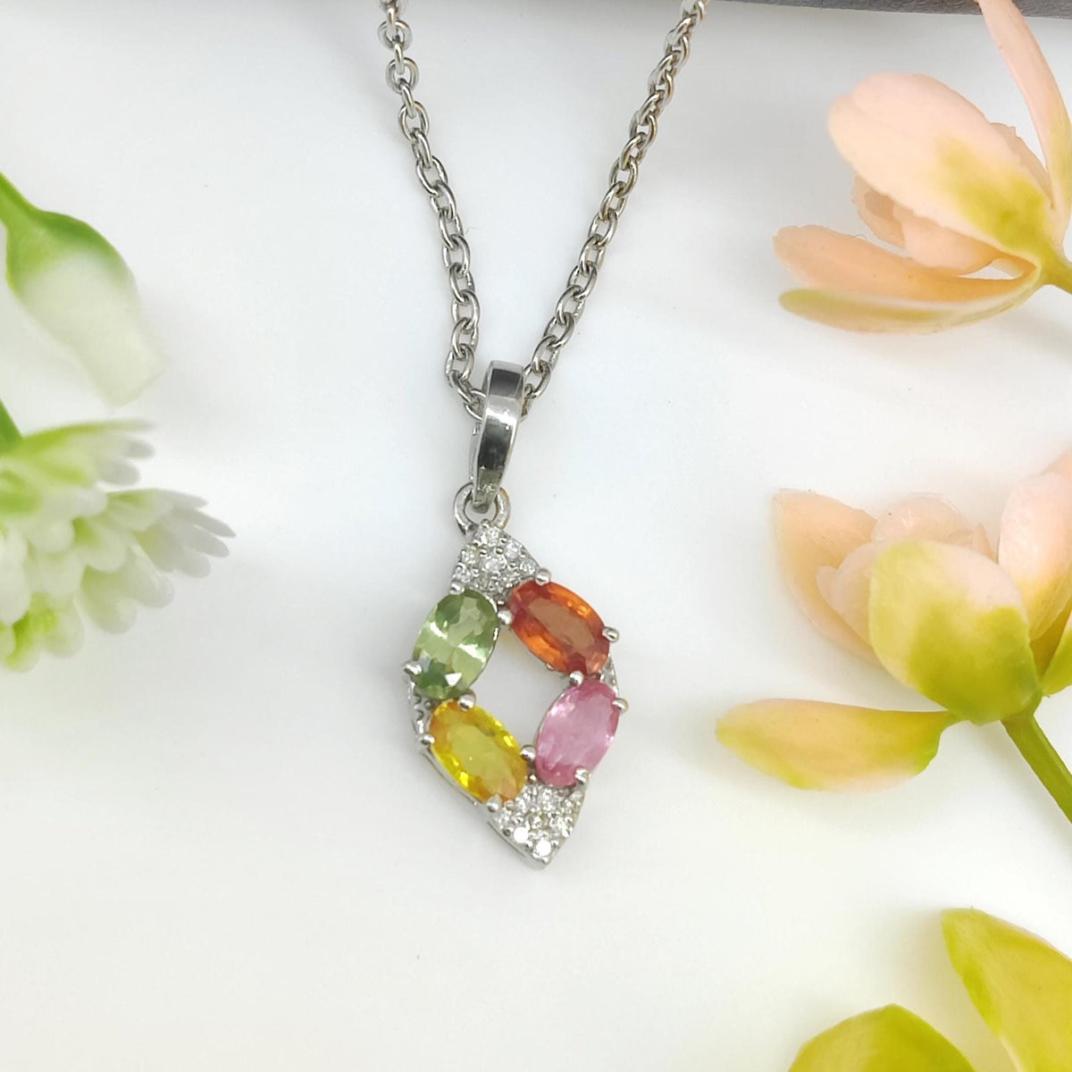 Natural Multi Sapphire Flower Pendant-925 Sterling Silver Jewelry-September Birthstone-Oval Sapphire Jewelry-Designer Diamond