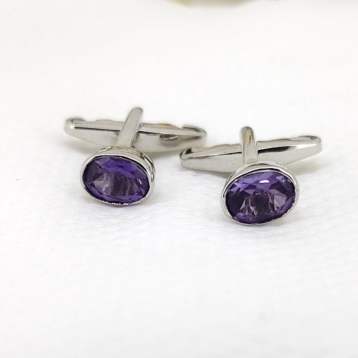 Amethyst Cufflinks- Handmade Sterling Silver, Purple Oval Gemstone -February Birthstone- Gifts For Her