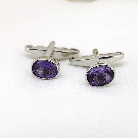 Amethyst Cufflinks- Handmade Sterling Silver, Purple Oval Gemstone -February Birthstone- Gifts For Her