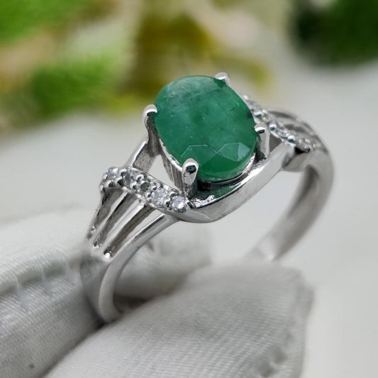 Handmade Emerald Ring, Minimalist Silver Band, Boho Artisan Jewelry, Anniversary Ring