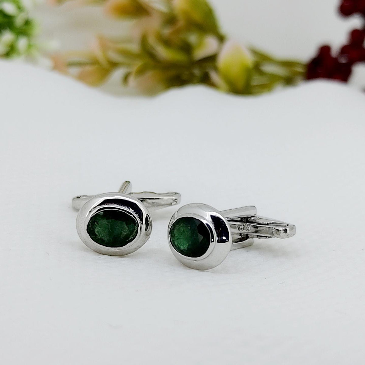 Emerald Cufflinks, Sterling Silver, Oval Cut Gemstone, Anniversary Gift-Men's Accessories, Gift for Him-Her