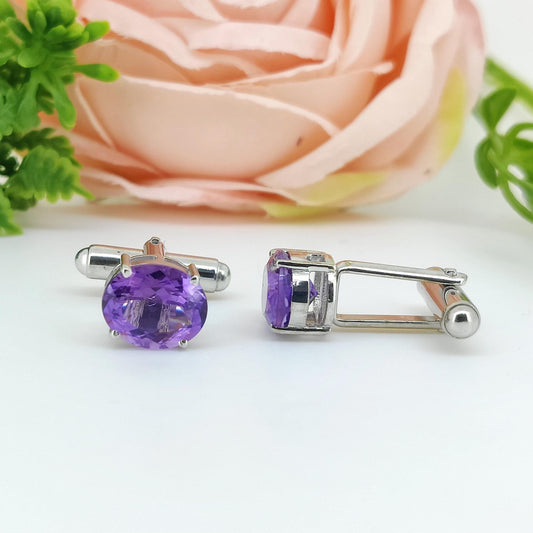 Oval Amethyst Sterling Silver Cufflinks, February Birthstone Formal Jewelry