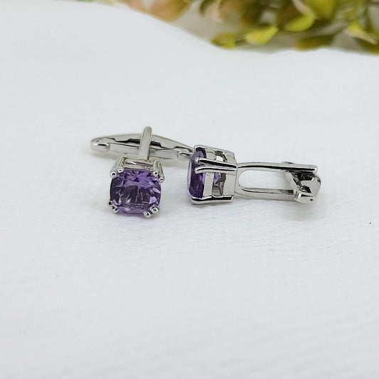 Purple Amethyst Sterling Silver Cufflinks, Cushion Cut Gemstone, February Birthstone, Groom Gift