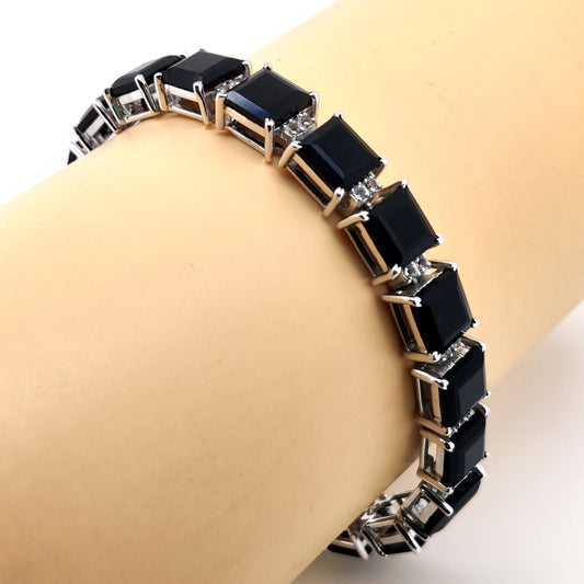 Black Onyx Tennis Bracelet: Sterling Silver, 7mm Square Faceted Gemstone, December Birthstone