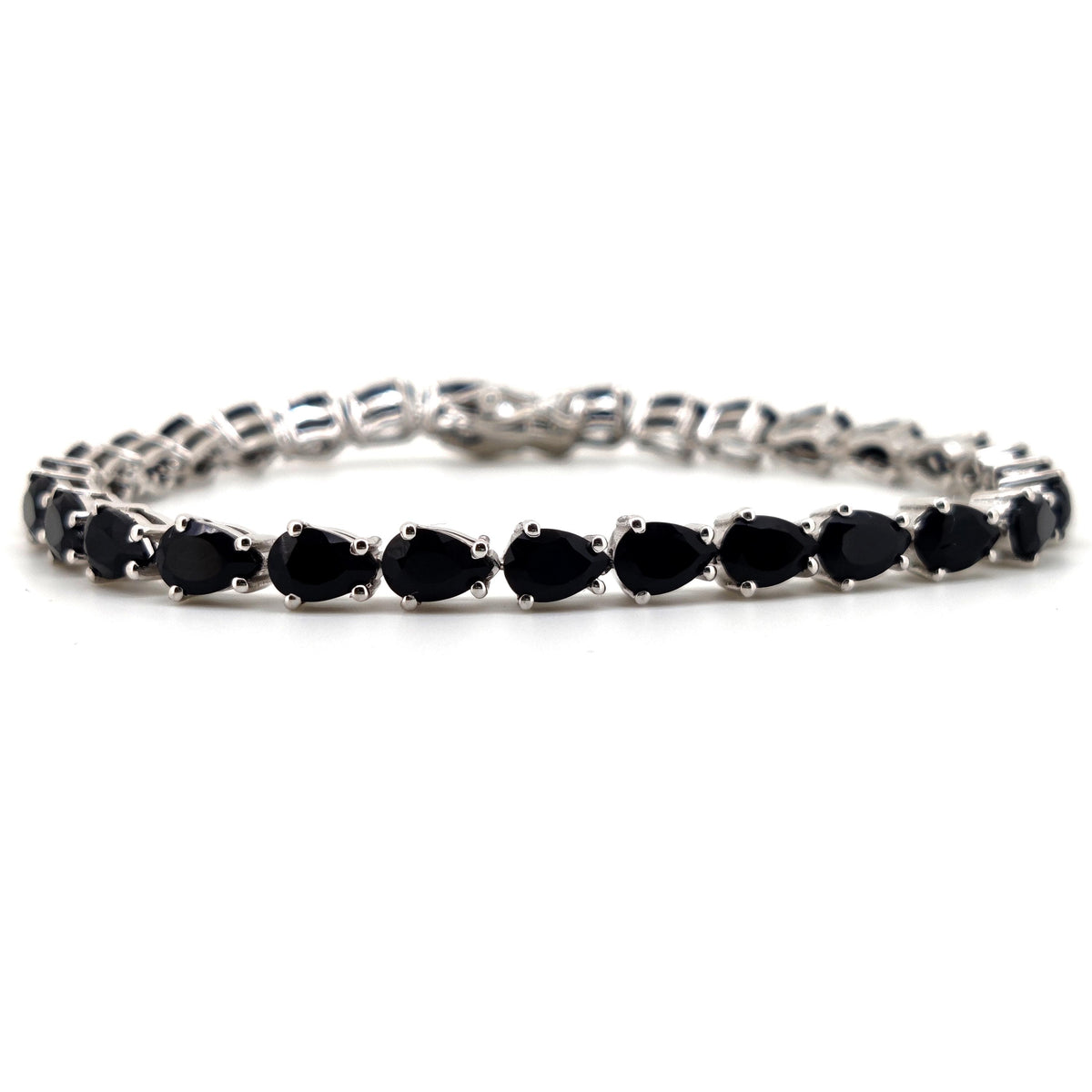 Handmade Black Onyx Pear Cut Tennis Bracelet, Sterling Silver, December Birthstone