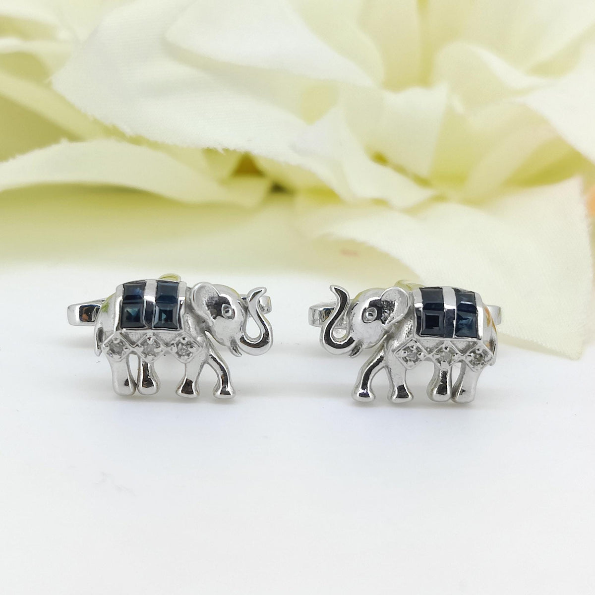Natural Blue Sapphire Elephant Cufflinks, 925 Sterling Silver, September Birthstone, Minimalist Animal Jewelry