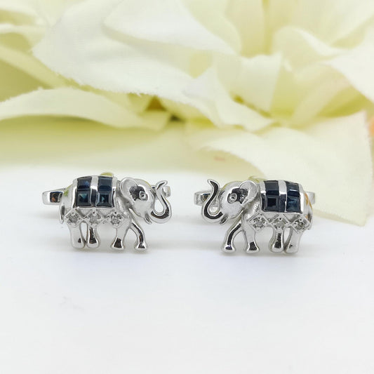 Natural Blue Sapphire Elephant Cufflinks, 925 Sterling Silver, September Birthstone, Minimalist Animal Jewelry
