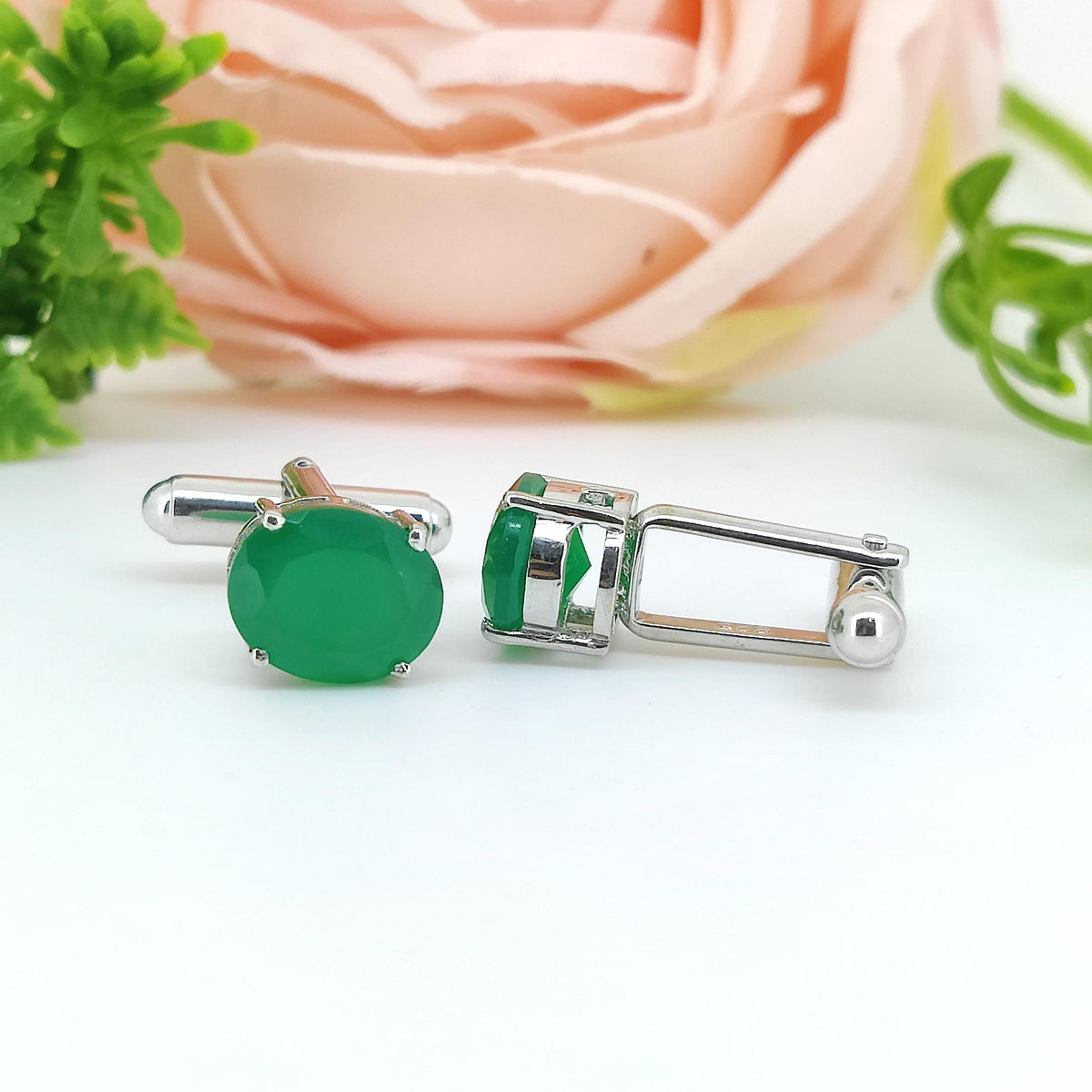 Sterling Silver Green Onyx Oval Cufflinks, May Birthstone Jewelry, Minimalist Formal Wear Accessories