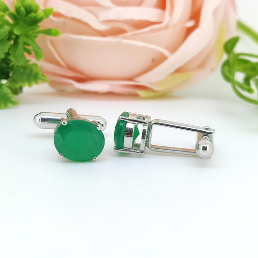 Sterling Silver Green Onyx Oval Cufflinks, May Birthstone Jewelry, Minimalist Formal Wear Accessories