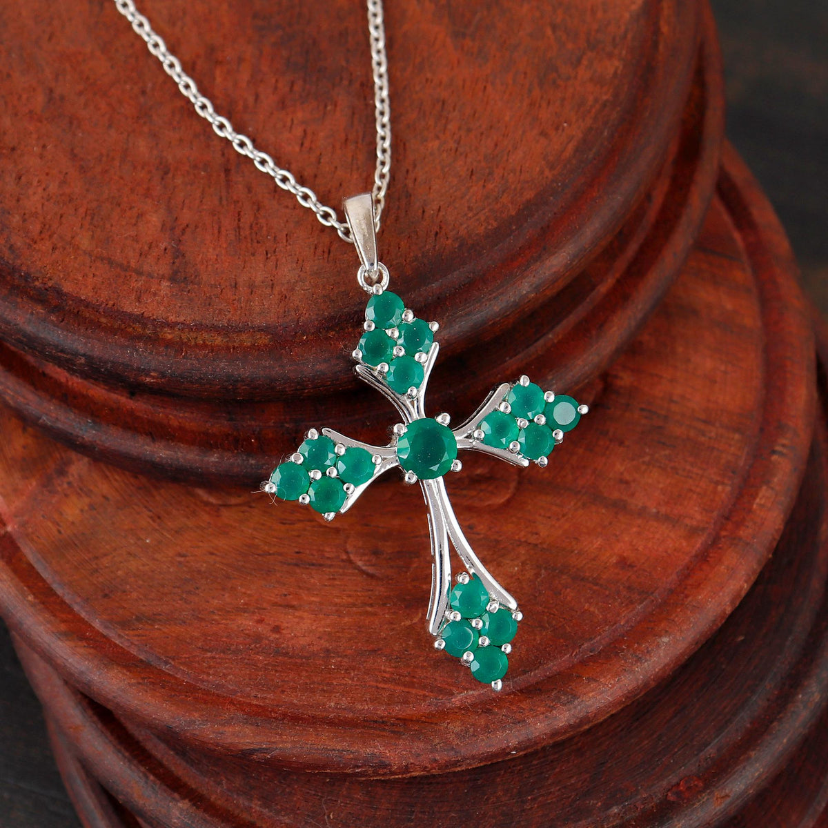 Green Onyx Cross Pendant Necklace Sterling Silver Holy Jewelry