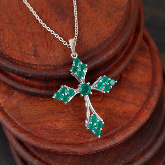 Green Onyx Cross Pendant Necklace Sterling Silver Holy Jewelry