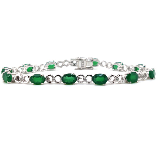 Oval Green Onyx Tennis Bracelet, 925 Sterling Silver, May Birthstone, Handmade Jewelry