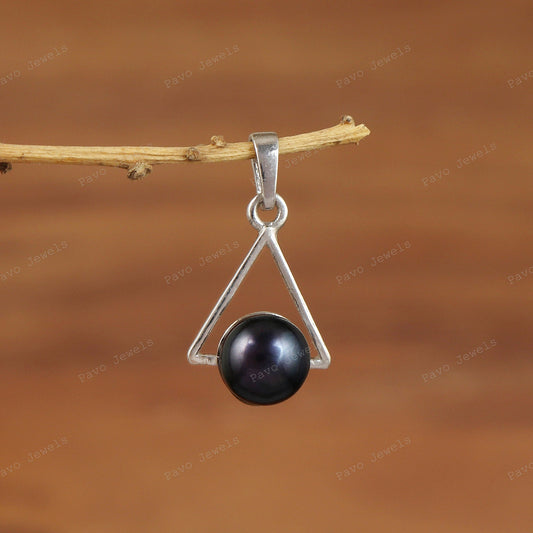 Black Pearl Cabochon Pendant, 925 Sterling Silver, Handmade Jewelry