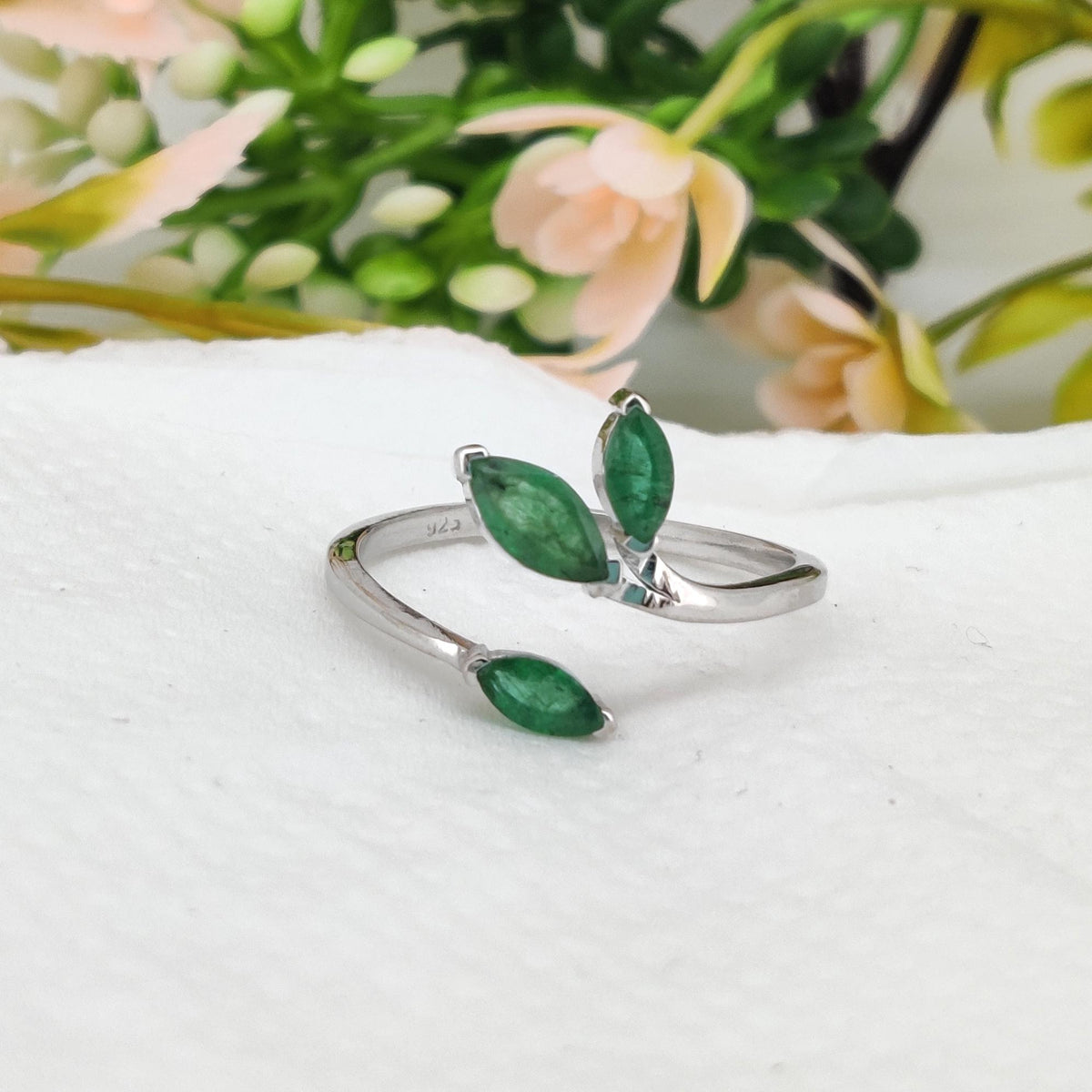 Natural Emerald Marquise Sterling Silver Bypass Ring, May Birthstone Gift