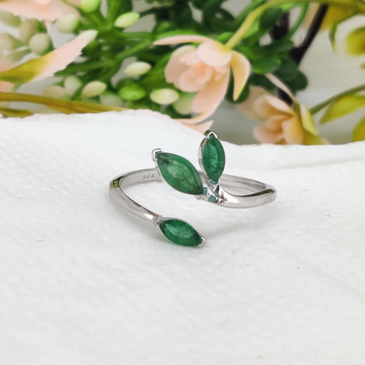 Natural Emerald Marquise Sterling Silver Bypass Ring, May Birthstone Gift