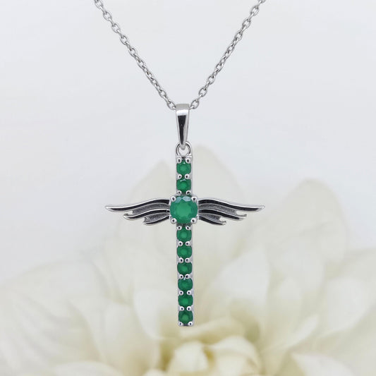 Green Onyx Cross Pendant: Sterling Silver Feather Jewelry, May Birthstone
