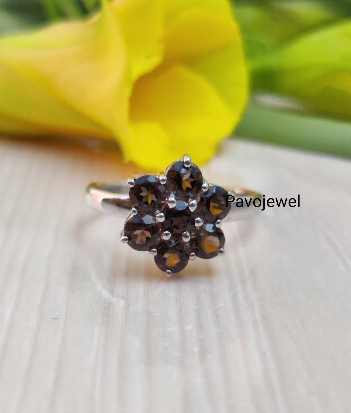 Smoky Quartz Flower Ring, Sterling Silver, November Birthstone