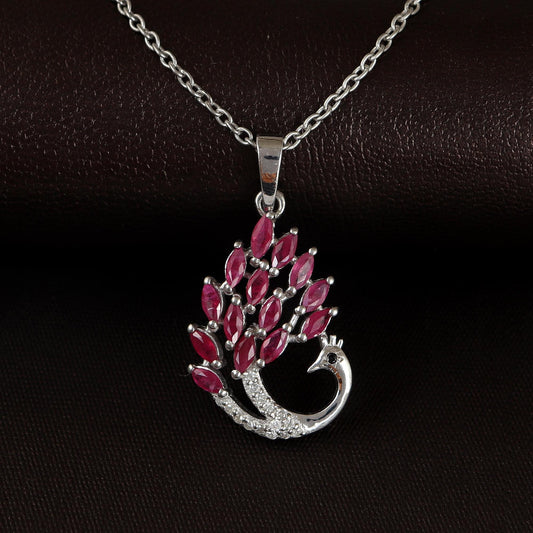 Ruby Peacock Pendant: Sterling Silver Diamond Bird Necklace