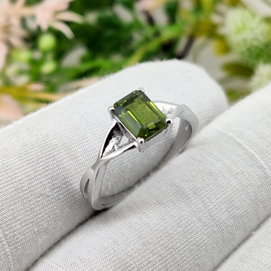 Green Sapphire Ring, Octagon Cut, Sterling Silver Promise Ring