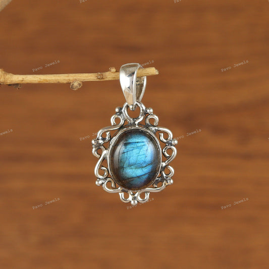 Oval Labradorite Sterling Silver Pendant, Blue Flash Filigree Necklace