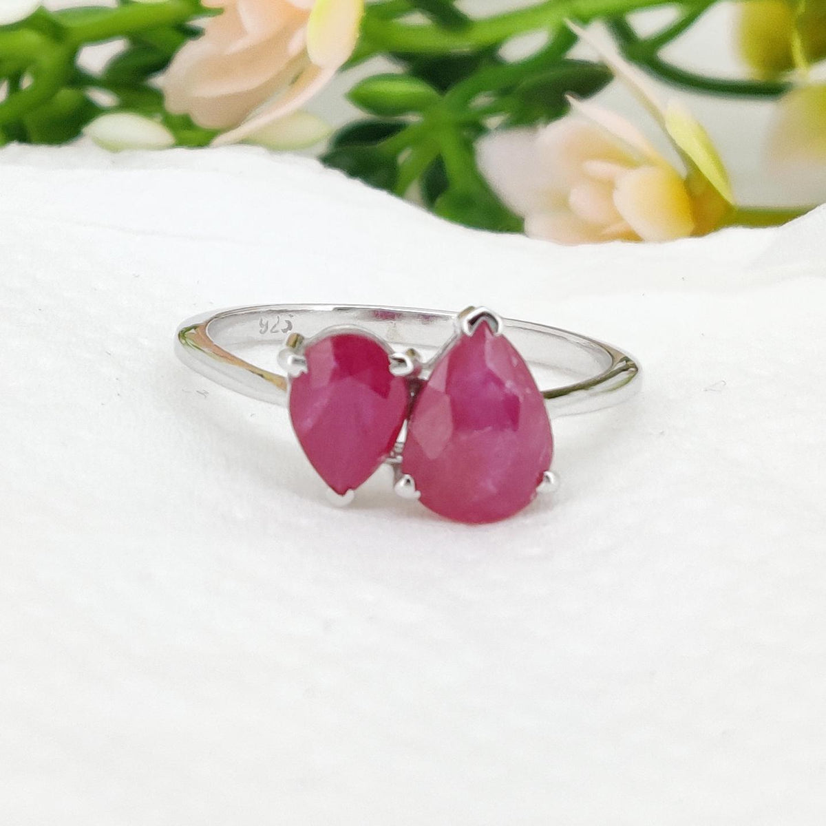 Pear Cut Ruby Ring, Sterling Silver, Double Gemstone, July Birthstone