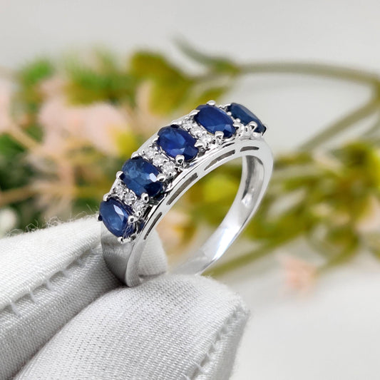 Natural Blue Sapphire Ring, Sterling Silver, Oval Gemstone Stacking Band, Sapphire Jewelry, September Birthstone