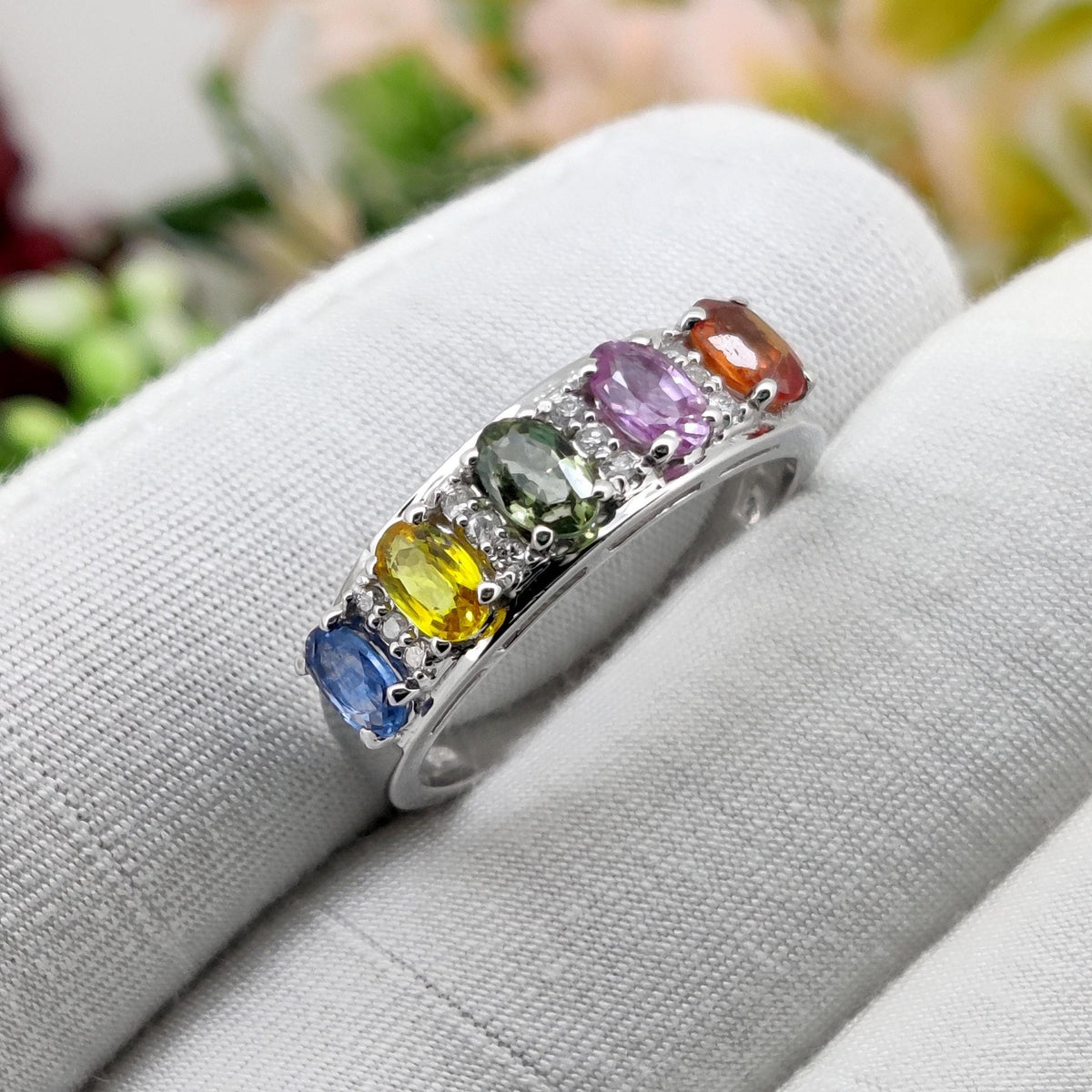 Multi Sapphire Ring, 925 Sterling Silver, Oval Gemstone Stacking Band, Sapphire Jewelry, September Birthstone